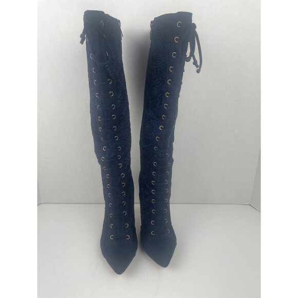 Knee-High Navy Blue Lace-Up High Boots Sz 7 Stiletto & Side Zipper Goth Witchy - Picture 5 of 16
